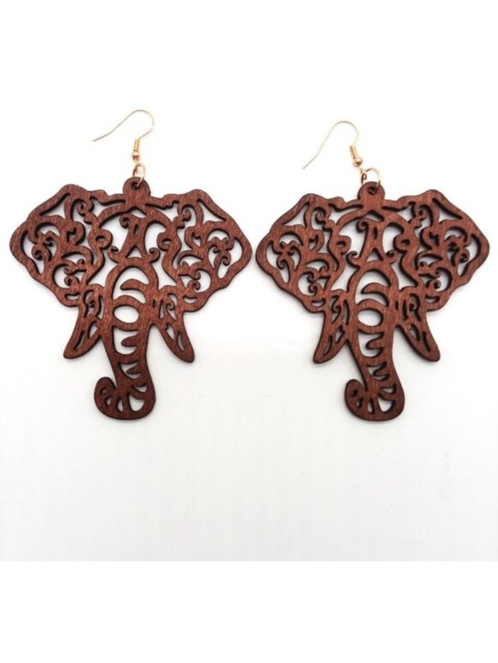 Elephant Earrings Ornate Wood Bohemian Dangle Boho Carved Hippie Trendy Stylish